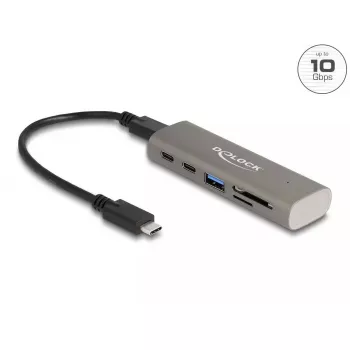 DeLOCK 3 prievadų USB 10 Gbps šakotuvas su SD Micro SD kortelių skaitytuvu, USB Type-C