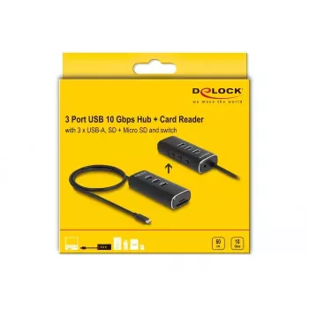 DeLOCK 3 prievadų USB 3.2 Gen 1 šakotuvas su SD/Micro SD kortelių skaitytuvu, 60 cm USB-C kabeliu, 10 Gbps