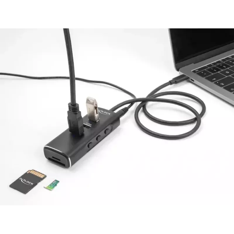 DeLOCK 3 prievadų USB 3.2 Gen 1 šakotuvas su SD/Micro SD kortelių skaitytuvu, 60 cm USB-C kabeliu, 10 Gbps