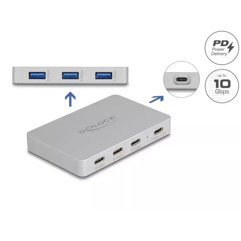 DeLOCK 7 prievadų USB šakotuvas 4x USB Type-C 3x USB Type-A PD 82W
