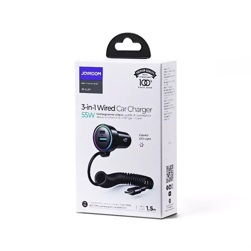 Automobilinis kroviklis Joyroom JR-CL07 3-in-1 60W su įmontuotu USB-C laidu 1,6 m, juodas