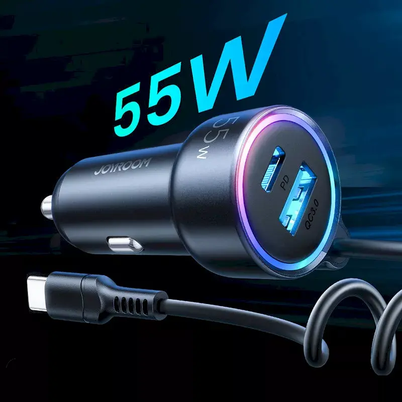Automobilinis kroviklis Joyroom JR-CL07 3-in-1 60W su įmontuotu USB-C laidu 1,6 m, juodas