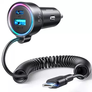 Automobilinis kroviklis Joyroom JR-CL07 3-in-1 60W su įmontuotu USB-C laidu 1,6 m, juodas