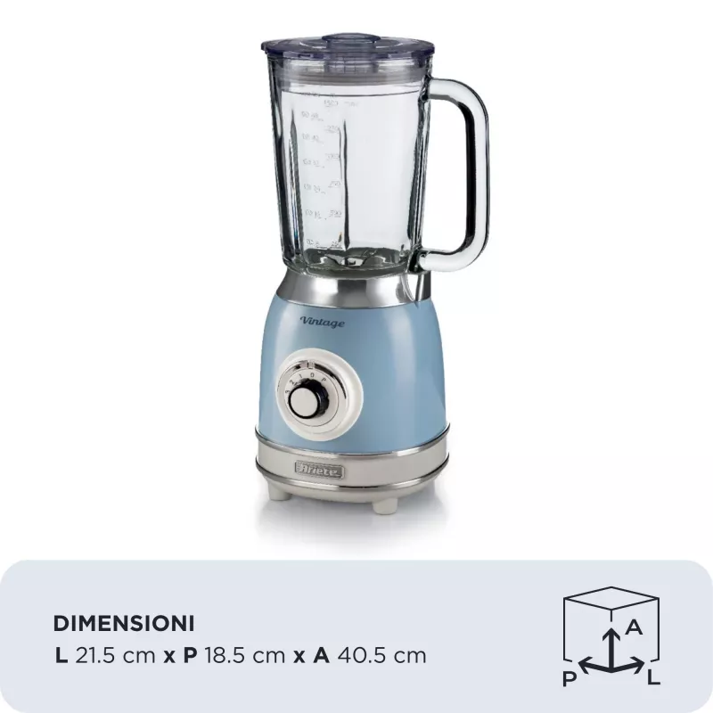 Ariete 583, Vintage Blenderis su 1,5 litro stikline taure, 4 nerūdijančio plieno peiliais, 4 greičiais + impulsas, 1000 W, mėlynas