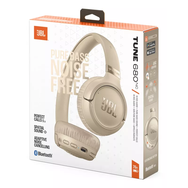 Ausinės JBL Tune 680NC, laidinės ir belaidės (Bluetooth, USB-C), ant ausų, lankeliu, smėlio spalvos, 20–20000 Hz, 161 g