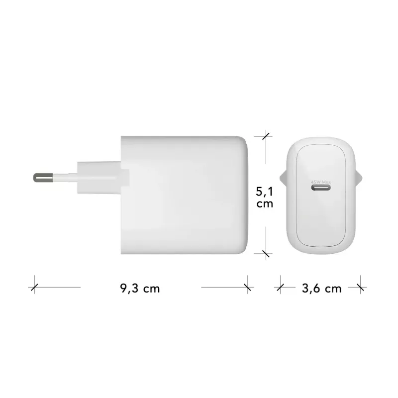 Sieninis USB-C įkroviklis 45 W d bramante re-charge Pro — patalpų, 110–240 V, baltas