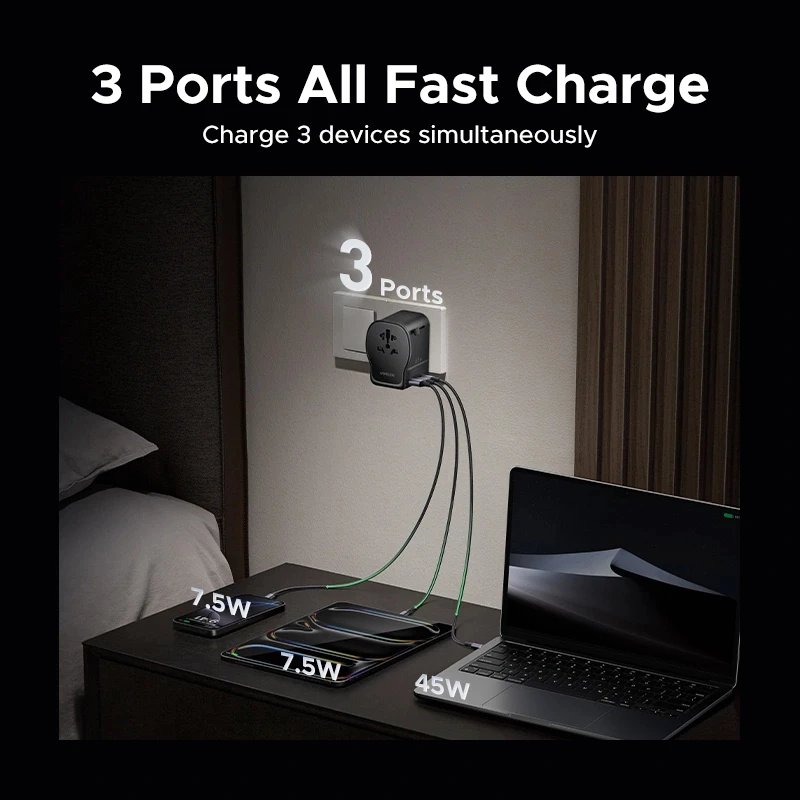 UGREEN S550 65W universalus kelioninis adapteris, 2x USB-C + USB-A, 55001