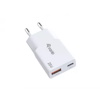 EQUIP 2-Port 20W GaN Slim USB PD Įkroviklis – USB-C x1, USB-A x1, Įvadas 100–240V, Maks. Išvestis 12V, Baltas