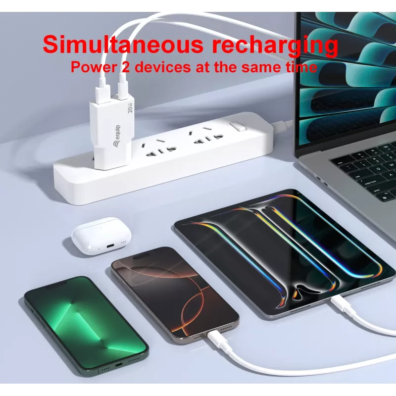 EQUIP 2-Port 20W GaN Slim USB PD Įkroviklis – USB-C x1, USB-A x1, Įvadas 100–240V, Maks. Išvestis 12V, Baltas