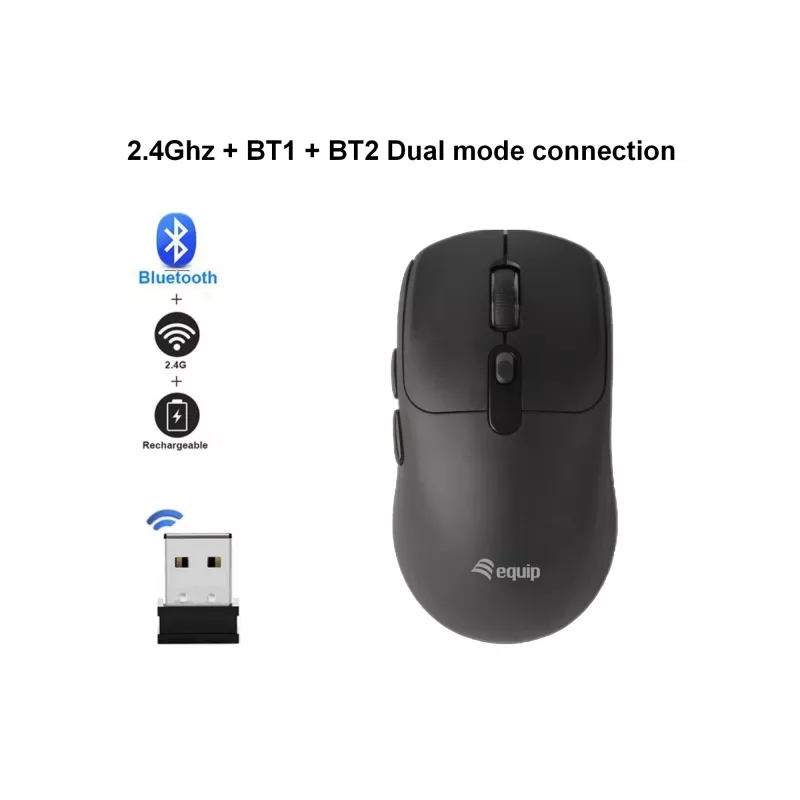 EQUIP Ambidextrous 6-Button Dual Mode Wireless Mouse, optinė 1600 DPI, RF + Bluetooth, juoda