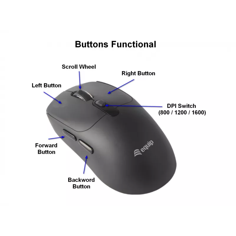 EQUIP Ambidextrous 6-Button Dual Mode Wireless Mouse, optinė 1600 DPI, RF + Bluetooth, juoda