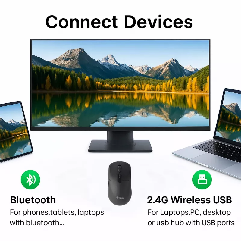 EQUIP Ambidextrous 6-Button Dual Mode Wireless Mouse, optinė 1600 DPI, RF + Bluetooth, juoda