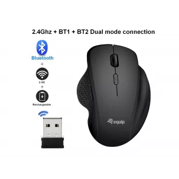 EQUIP 6 mygtukų dviejų režimų įkraunama belaidė pelė – dešinei rankai, optinė 1600 DPI, RF belaidis + Bluetooth, juoda