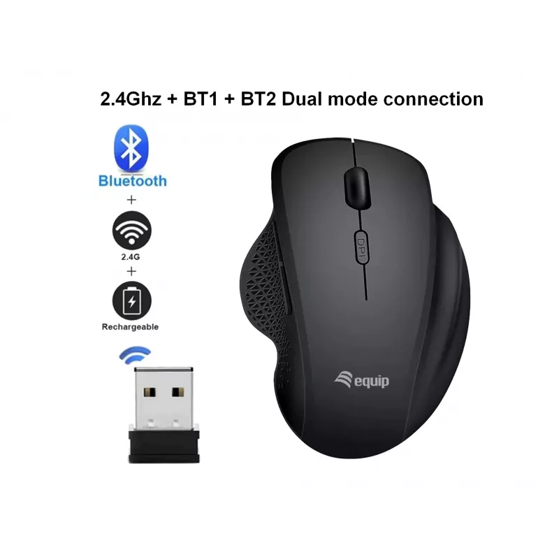 EQUIP 6 mygtukų dviejų režimų įkraunama belaidė pelė – dešinei rankai, optinė 1600 DPI, RF belaidis + Bluetooth, juoda