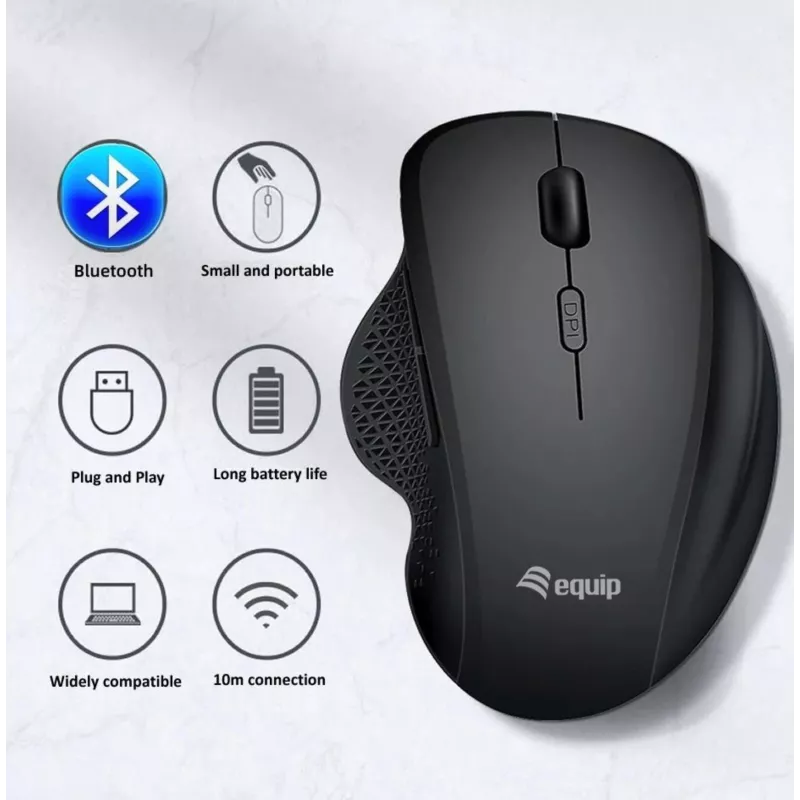 EQUIP 6 mygtukų dviejų režimų įkraunama belaidė pelė – dešinei rankai, optinė 1600 DPI, RF belaidis + Bluetooth, juoda