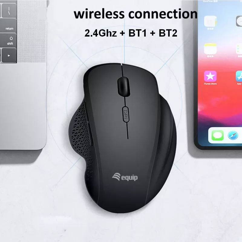 EQUIP 6 mygtukų dviejų režimų įkraunama belaidė pelė – dešinei rankai, optinė 1600 DPI, RF belaidis + Bluetooth, juoda