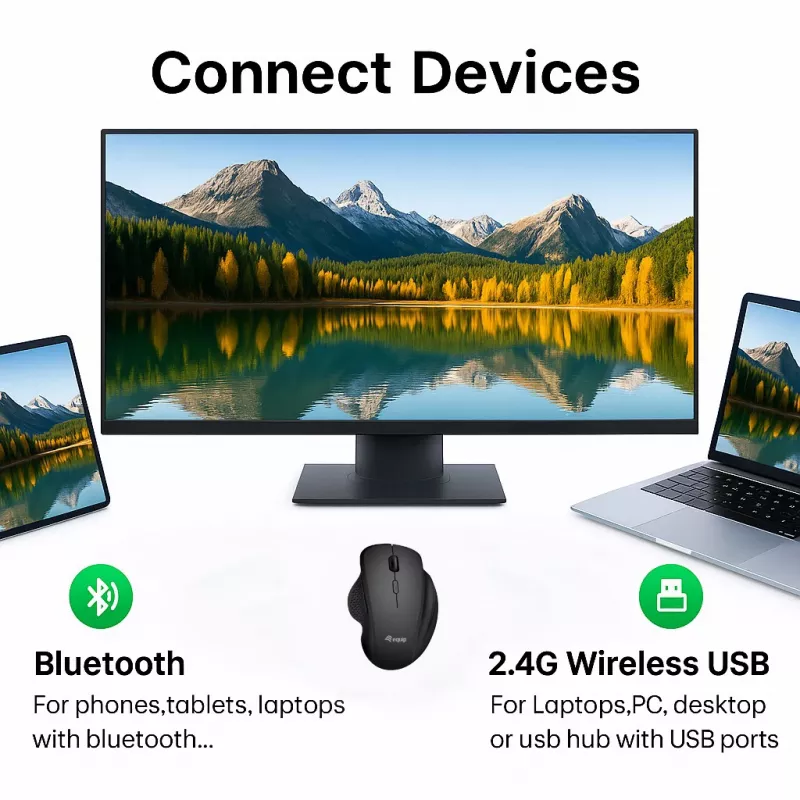 EQUIP 6 mygtukų dviejų režimų įkraunama belaidė pelė – dešinei rankai, optinė 1600 DPI, RF belaidis + Bluetooth, juoda