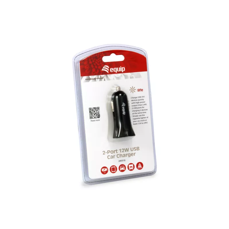 Equip 245510 automobilinis USB įkroviklis su dviem prievadais, juodas