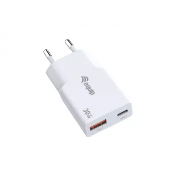 EQUIP 2-Port 30W GaN Slim USB PD įkroviklis – USB‑C x1, USB‑A x1, 100–240V, maks. 20V, baltas