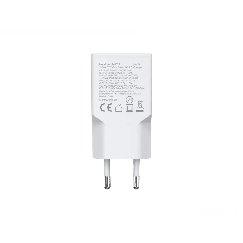 EQUIP 2-Port 30W GaN Slim USB PD įkroviklis – USB‑C x1, USB‑A x1, 100–240V, maks. 20V, baltas