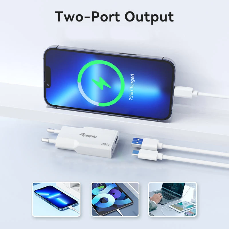 EQUIP 2-Port 30W GaN Slim USB PD įkroviklis – USB‑C x1, USB‑A x1, 100–240V, maks. 20V, baltas
