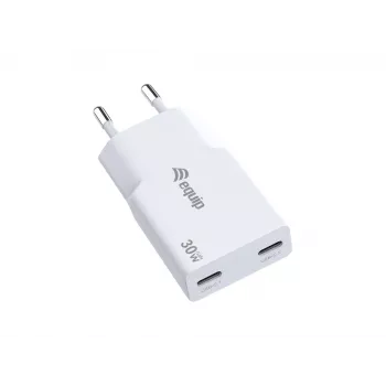 EQUIP 2 jungčių 30W GaN Slim USB-C PD įkroviklis — 2 USB-C prievadai, 100–240 V įėjimas, maks. 20 V išėjimas, baltas