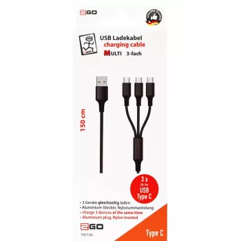 USB laidas 2GO 797156 1,5 m USB B 3 x USB C juodas