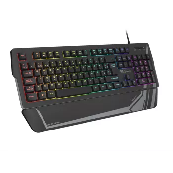 Gaming klaviatūra GENESIS Rhod 350 RGB — pilno dydžio 104 klavišų USB QWERTY juoda, RGB apšvietimas, nuimama riešo atrama