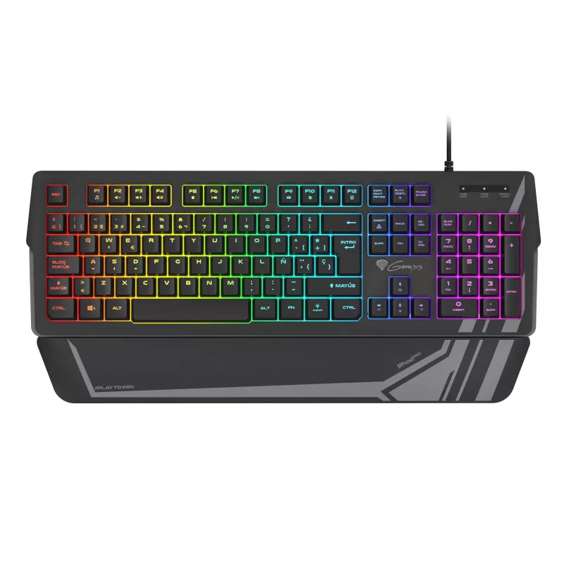 Gaming klaviatūra GENESIS Rhod 350 RGB — pilno dydžio 104 klavišų USB QWERTY juoda, RGB apšvietimas, nuimama riešo atrama