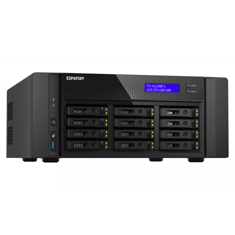 NAS bokštas QNAP TS-h1290FX — EPYC 7302P 3.0 GHz, 128 GB DDR4, 12 lizdų, QuTS hero, juodas