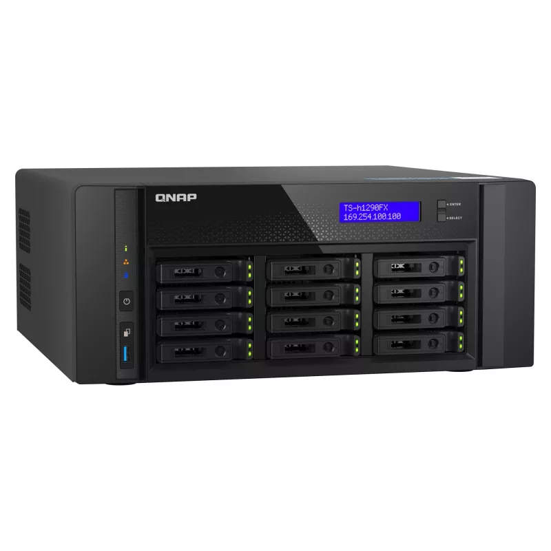 NAS bokštas QNAP TS-h1290FX — EPYC 7302P 3.0 GHz, 128 GB DDR4, 12 lizdų, QuTS hero, juodas