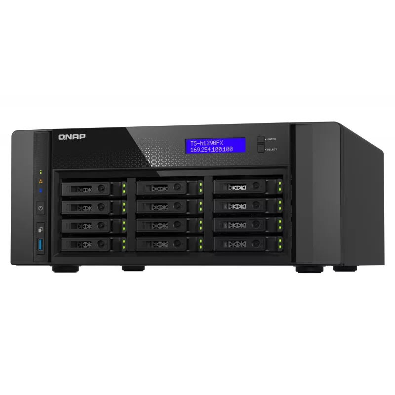 NAS bokštas QNAP TS-h1290FX — EPYC 7302P 3.0 GHz, 128 GB DDR4, 12 lizdų, QuTS hero, juodas