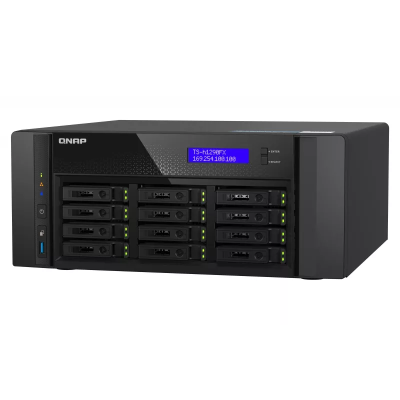 NAS bokštas QNAP TS-h1290FX — EPYC 7302P 3.0 GHz, 128 GB DDR4, 12 lizdų, QuTS hero, juodas