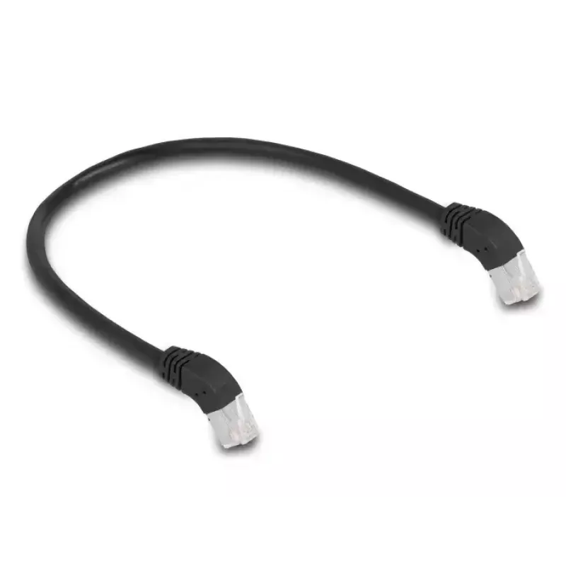 Tinklo kabelis DeLOCK RJ45 Cat.6A S/FTP 45° žemyn lenktu kaiščiu 0,5 m juodas