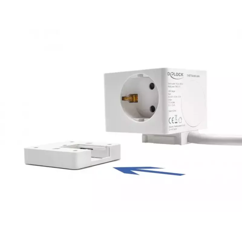 DeLOCK 11497 3-iejų lizdų kištukinis kubas su 1,5 m ilgintuvo kabeliu, USB įkrovikliu, apsauga nuo vaikų, baltas