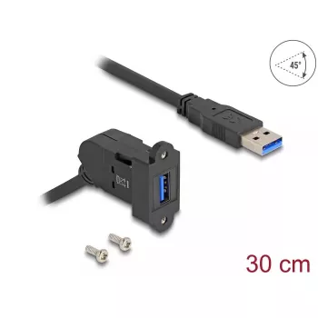 DeLOCK USB 5 Gbps Type-A lizdas 45° kampinis montavimui į skydelį su 30 cm laidu, juoda