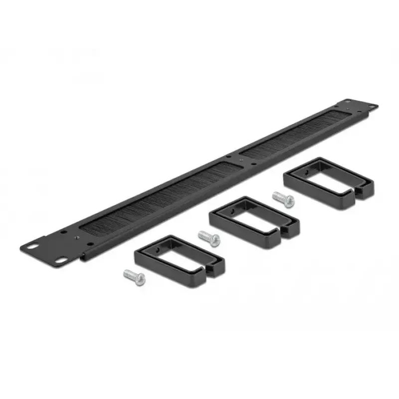 Šepečių plokštė DeLOCK 19 colių kabelių tvarkymo šepečių juosta su 3 kabliukais 1U juoda