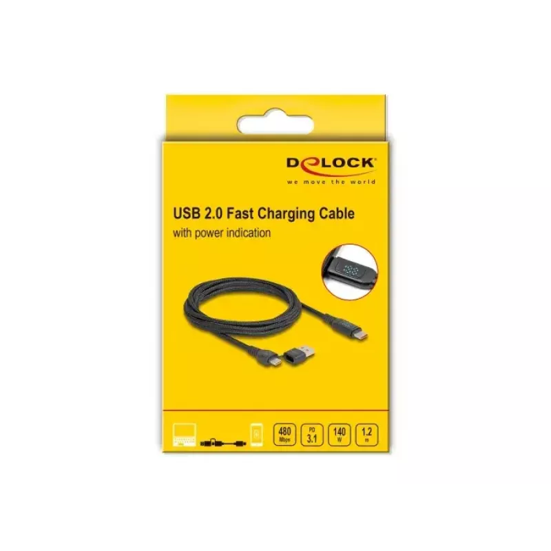DeLOCK USB 2.0 greito įkrovimo laidas USB Type-C + USB Type-A kištukas į USB Type-C kištuką PD 3.1 140 W 1,20 m