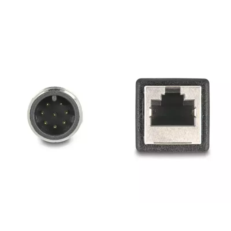 Tinklo kabelis DeLOCK M12 A koduotas 8 kontaktų kištukas į RJ45 lizdą Cat5e 0,5 m juodas