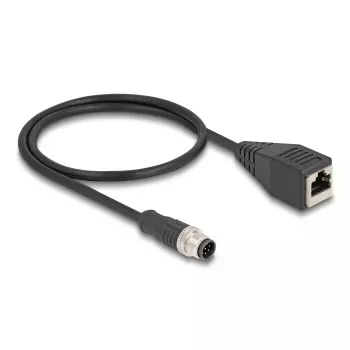 Tinklo kabelis DeLOCK M12 A koduotas 8 kontaktų kištukas į RJ45 lizdą Cat5e 0,5 m juodas