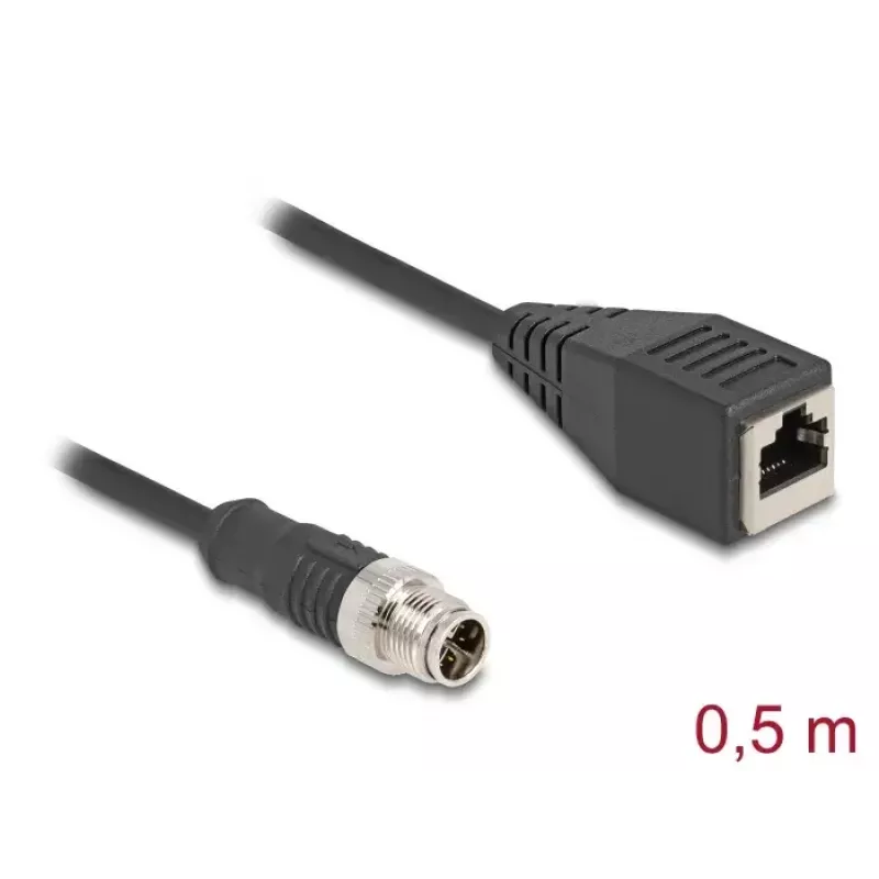 Tinklo kabelis DeLOCK M12 X-koduotas 8 kontaktų kištukas į RJ45 lizdą Cat5e 0,5 m juodas