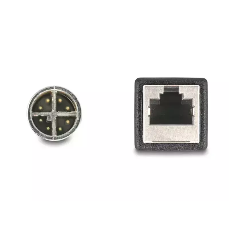 Tinklo kabelis DeLOCK M12 X-koduotas 8 kontaktų kištukas į RJ45 lizdą Cat5e 0,5 m juodas