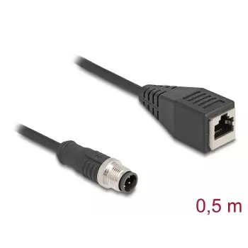 Tinklo kabelis DeLOCK M12 D-kodavimo 4 kontaktų kištukas į RJ45 lizdą Cat5e 0,5 m juodas