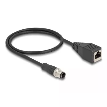 Tinklo kabelis DeLOCK M12 D-kodavimo 4 kontaktų kištukas į RJ45 lizdą Cat5e 0,5 m juodas