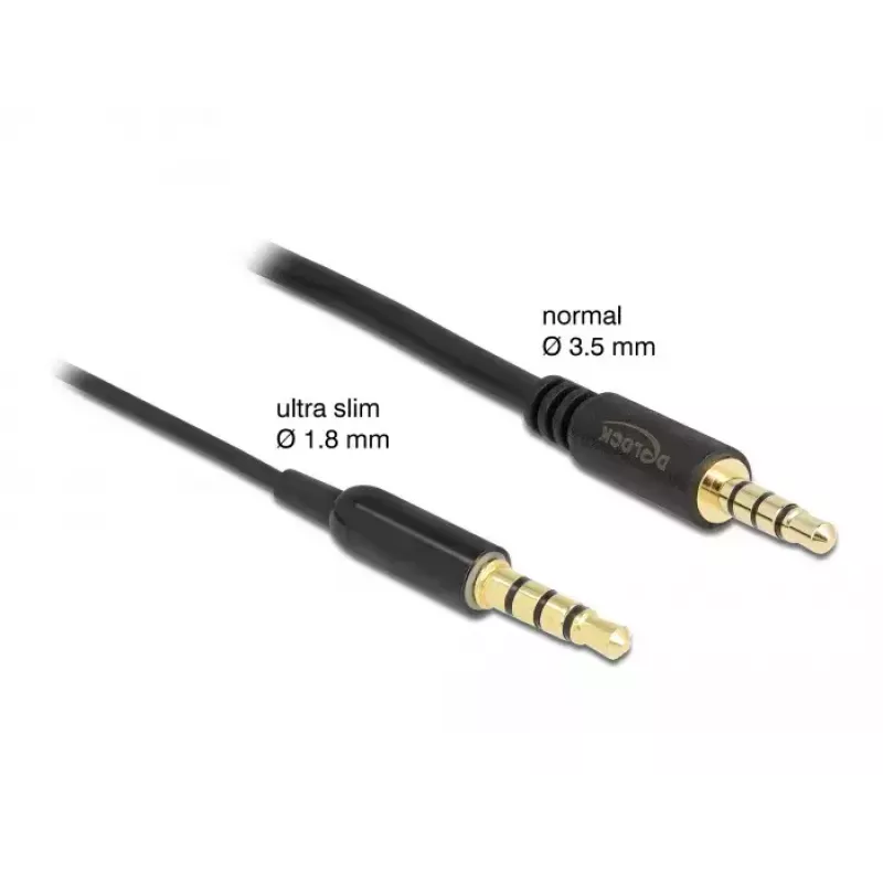 Audio ilginimo laidas DeLOCK 66074 3.5 mm 4 kontaktų patinas į patelę ypač plonas 0.5 m juodas