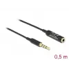 Audio ilginimo laidas DeLOCK 66074 3.5 mm 4 kontaktų patinas į patelę ypač plonas 0.5 m juodas