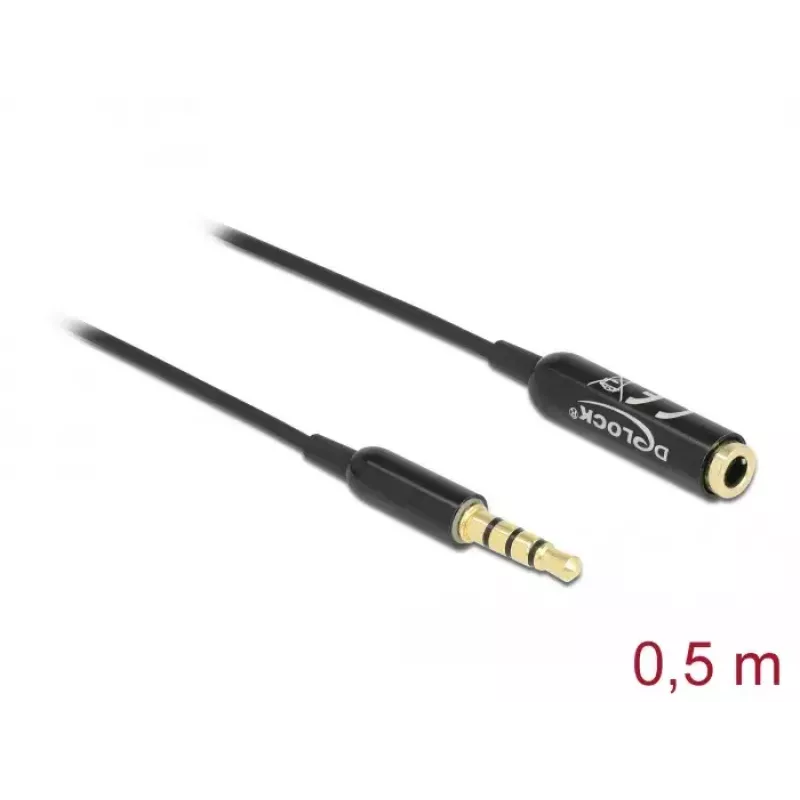 Audio ilginimo laidas DeLOCK 66074 3.5 mm 4 kontaktų patinas į patelę ypač plonas 0.5 m juodas
