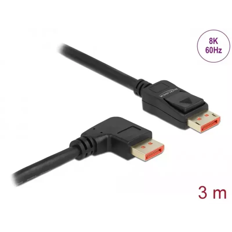 DisplayPort kabelis DeLOCK 8K 60 Hz 3 m tiesus kištukas į 90° kampu