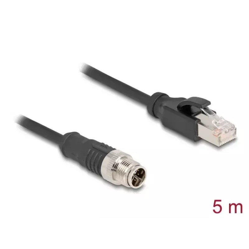 DeLOCK M12 X-coded 8 kontaktų vyriškas M12 į RJ45 vyrišką Cat5e tinklo kabelis 5 m juodas
