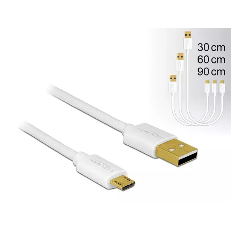 Delock USB 2.0 Type-A – Micro-B duomenų ir įkrovimo kabelis, 3 dalių rinkinys, baltas